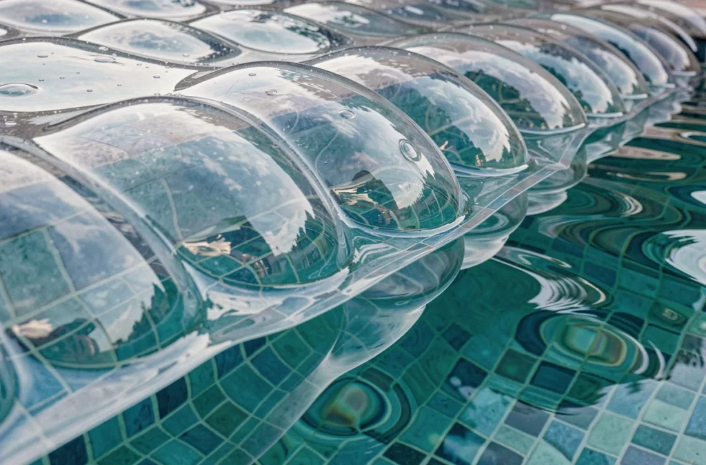 Gros plan sur une couverture solaire à bulles translucide posée sur l'eau d'une piscine turquoise