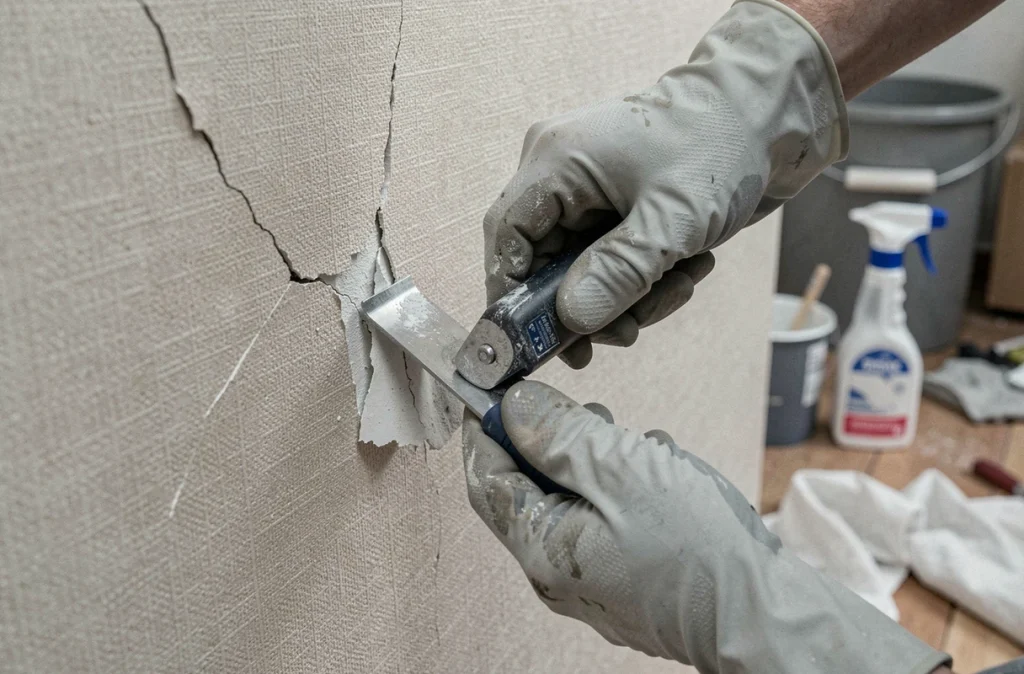 Gros plan des mains utilisant un outil de perforation pour décoller du papier peint sur plâtre fissuré