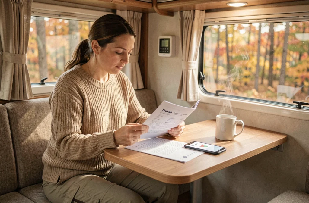 Femme lisant un guide de codes erreur Truma Combi 4 à l'intérieur d'un camping-car