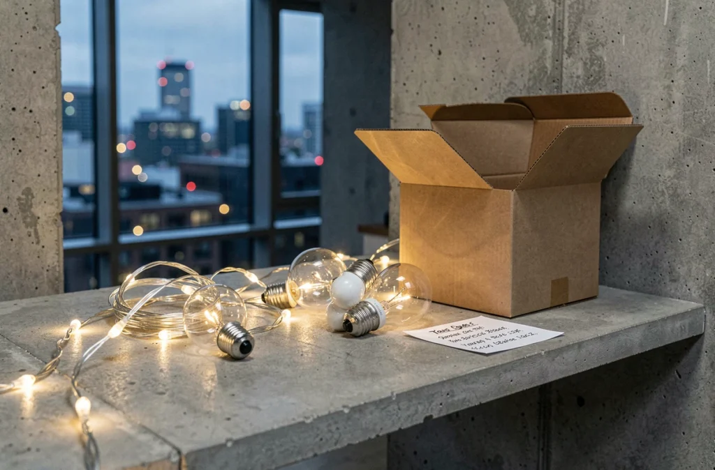 Guirlande lumineuse avec petites ampoules à culot G9 et E14 disposée sur une étagère en béton avec son emballage d'origine