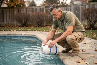 Un homme d'âge mûr ajoute des produits hivernants dans une piscine extérieure entourée de feuilles d'automne sur une terrasse en pierre
