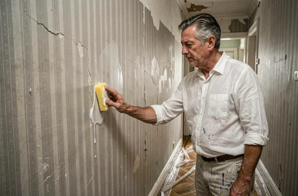 Homme humidifiant du papier peint rayé avec une éponge pour le décoller d'un mur en plâtre dans un couloir