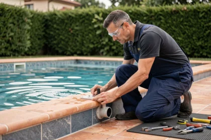 Technicien installant un système de nage à contre-courant dans une piscine extérieure carrelée