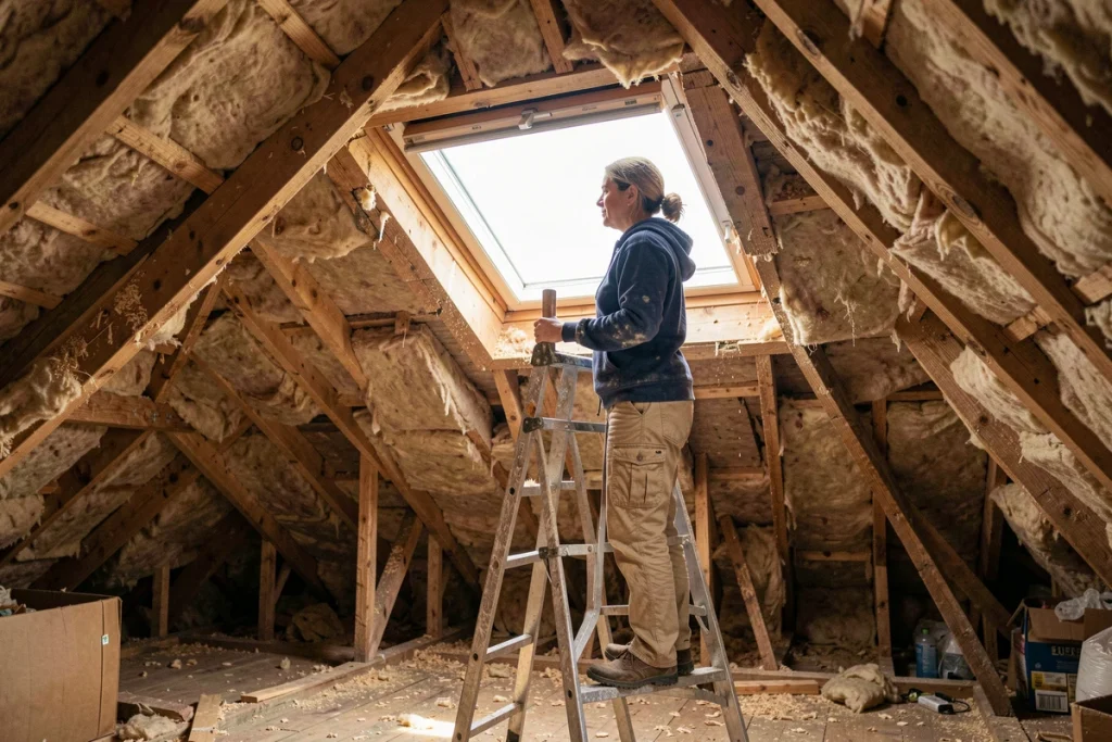 Femme installant une fenêtre de toit Velux dans une mansarde en cours de rénovation, montée sur une échelle dans les combles