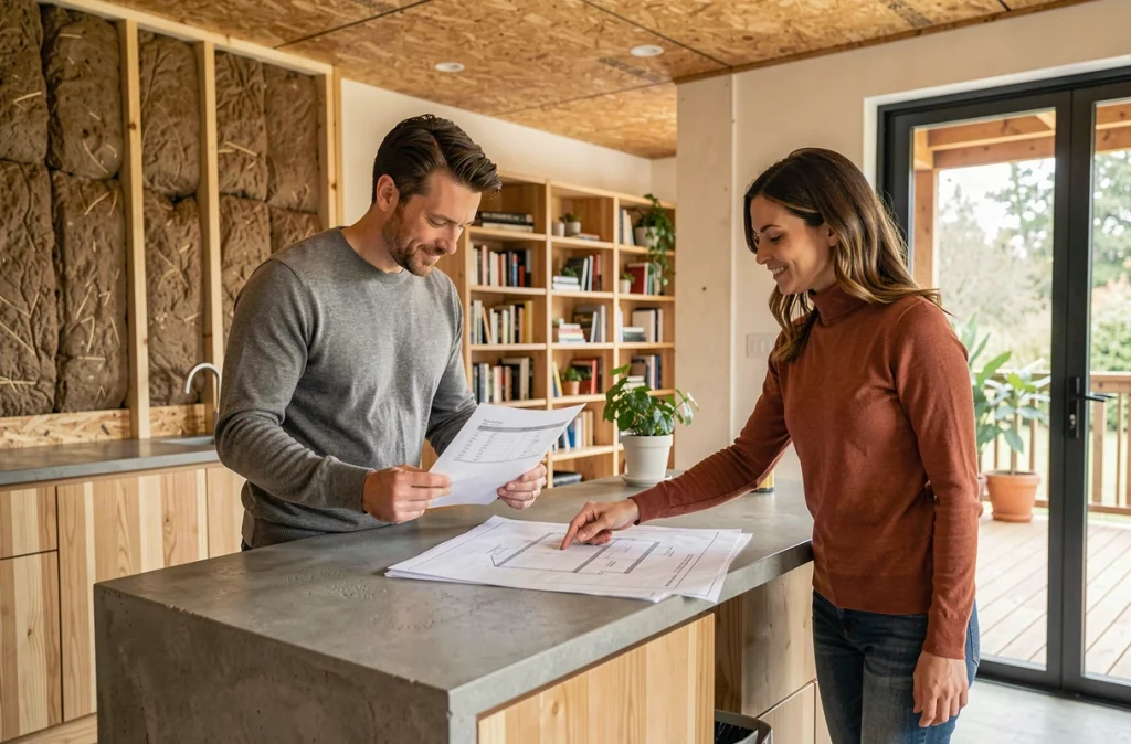 Couple étudiant les plans et les coûts d'une maison modulaire durable dans un intérieur en matériaux naturels