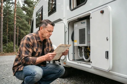 Homme consultant une liste de codes erreur Truma Combi 4 à côté d'un camping-car en road trip