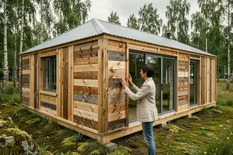Architecte examinant les panneaux en bois recyclé d'une maison modulaire écologique en milieu rural