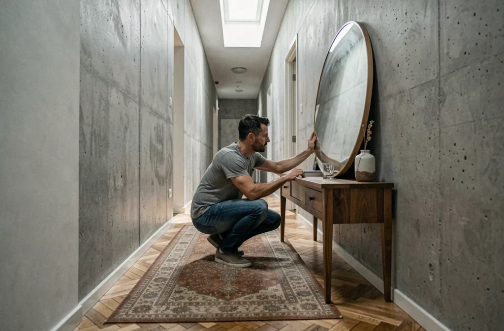 Homme positionnant un miroir rond dans un couloir pour réfléchir la lumière naturelle et éclairer l'espace intérieur