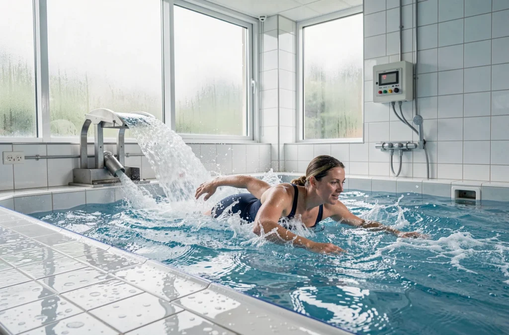 Femme nageant à contre-courant dans une piscine intérieure équipée d'un système de nage résidentiel