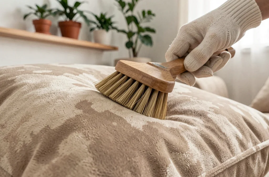 Gros plan sur l'entretien d'un coussin de canapé en velours beige avec une brosse douce