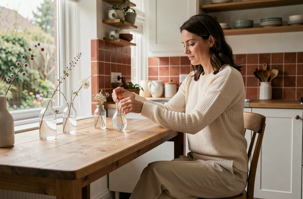 Femme arrangeant des objets en verre sur un rebord de fenêtre de cuisine pour maximiser la diffusion de la lumière naturelle