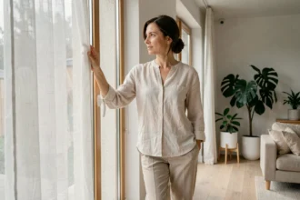 Femme ajustant un rideau voilage devant une grande fenêtre pour optimiser la lumière naturelle dans un salon scandinave