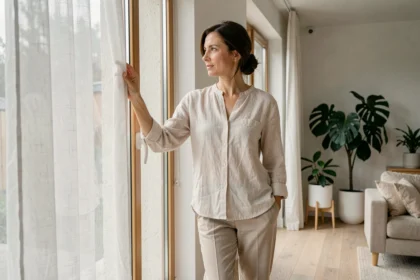 Femme ajustant un rideau voilage devant une grande fenêtre pour optimiser la lumière naturelle dans un salon scandinave