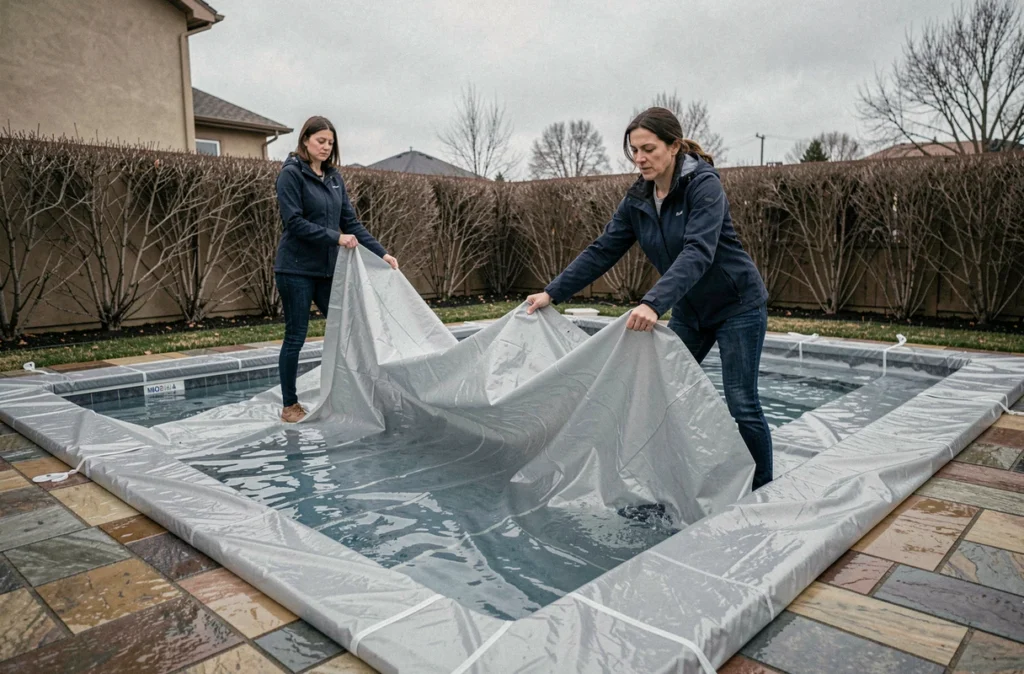Une femme installe une bâche hivernale sur une piscine rectangulaire enterrée dans un jardin en automne