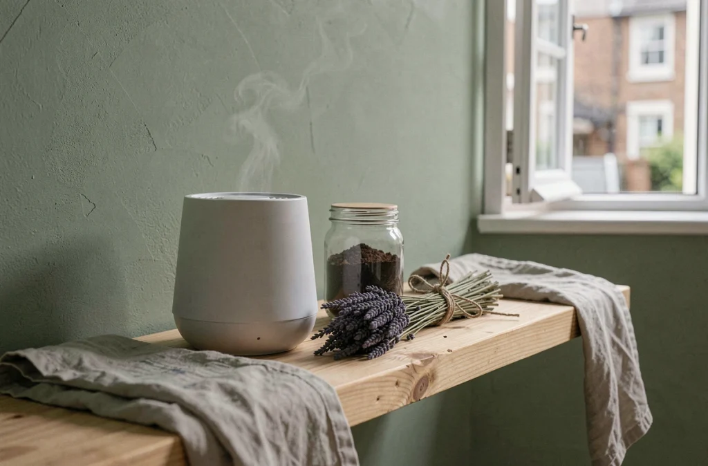 Purificateur d'air, marc de café et lavande séchée sur une étagère pour neutraliser les odeurs de peinture dans un salon