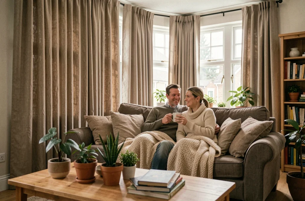 Salon confortable avec rideaux longs en lin épais fermés sur une baie vitrée, illustrant l'amélioration de l'isolation thermique d'un logement en hiver