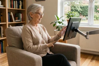 Senior femme autonome utilisant une tablette tactile dans son salon confortable pour gérer son quotidien à domicile
