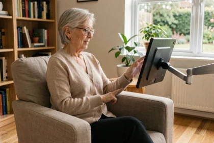 Senior femme autonome utilisant une tablette tactile dans son salon confortable pour gérer son quotidien à domicile