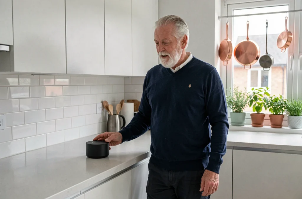 Senior homme utilisant un assistant vocal connecté dans sa cuisine moderne pour simplifier les tâches quotidiennes