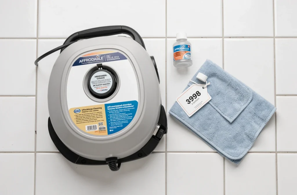 Vue de dessus d'une shampouineuse pas chère posée sur du carrelage avec accessoires et étiquette prix