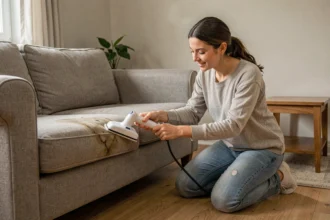 Femme utilisant une shampouineuse économique sur un canapé en tissu dans un salon modeste