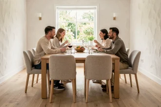 Table à manger rectangulaire pour 6 personnes dans une salle à manger scandinave avec espace de circulation bien défini autour des chaises