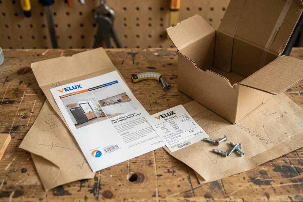 Ticket de caisse Brico Dépôt, brochure Velux et outils posés sur un établi en bois, symbolisant le calcul du rapport qualité-prix