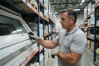 Homme examinant une fenêtre de toit Velux dans un entrepôt Brico Dépôt, comparant les prix sur les rayonnages