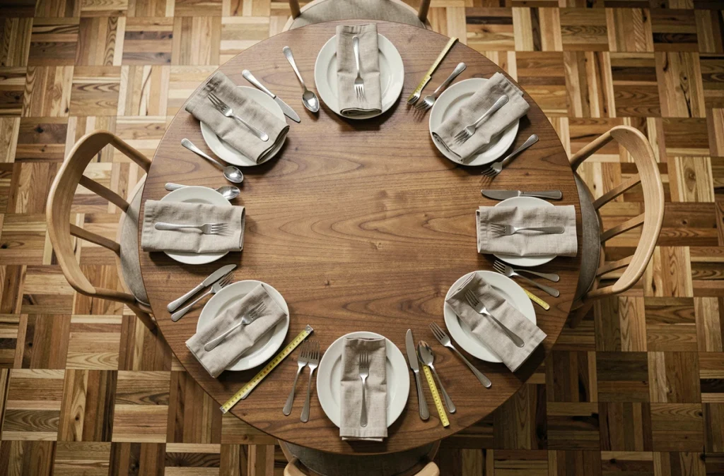 Vue de dessus d'une table ronde de 150 cm dressée pour 6 couverts avec espacement optimal entre chaque convive et règle de mesure