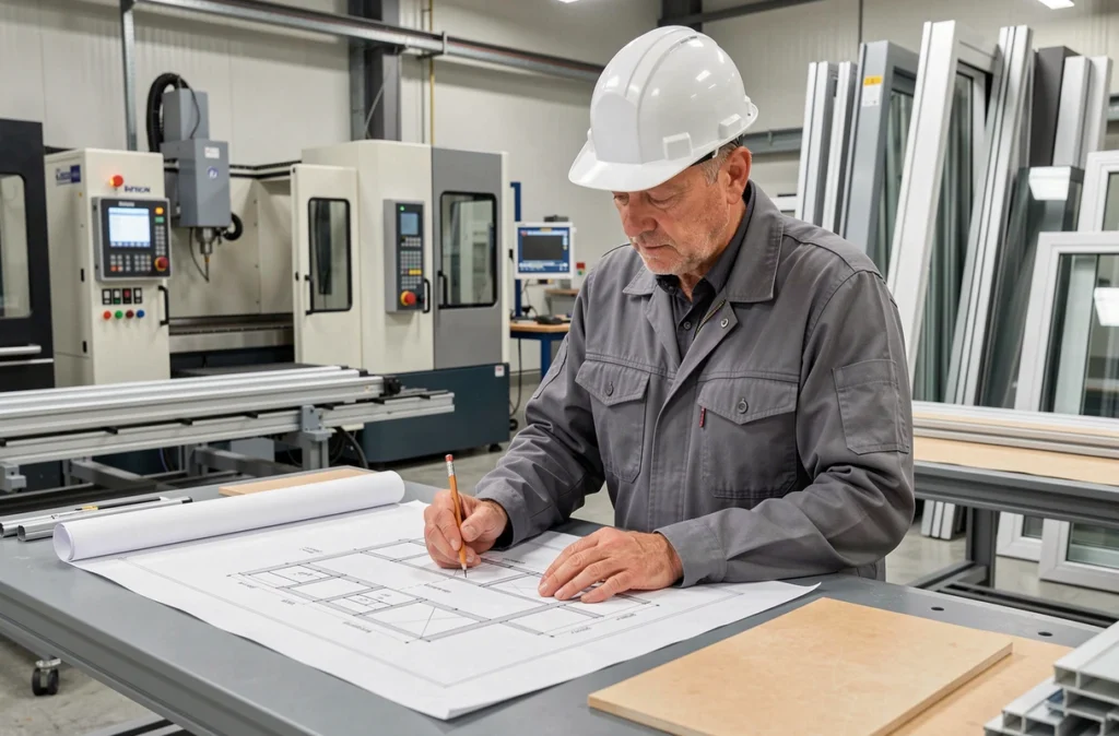 Professionnel de 2MC Menuiseries consultant des plans techniques dans un atelier de production moderne