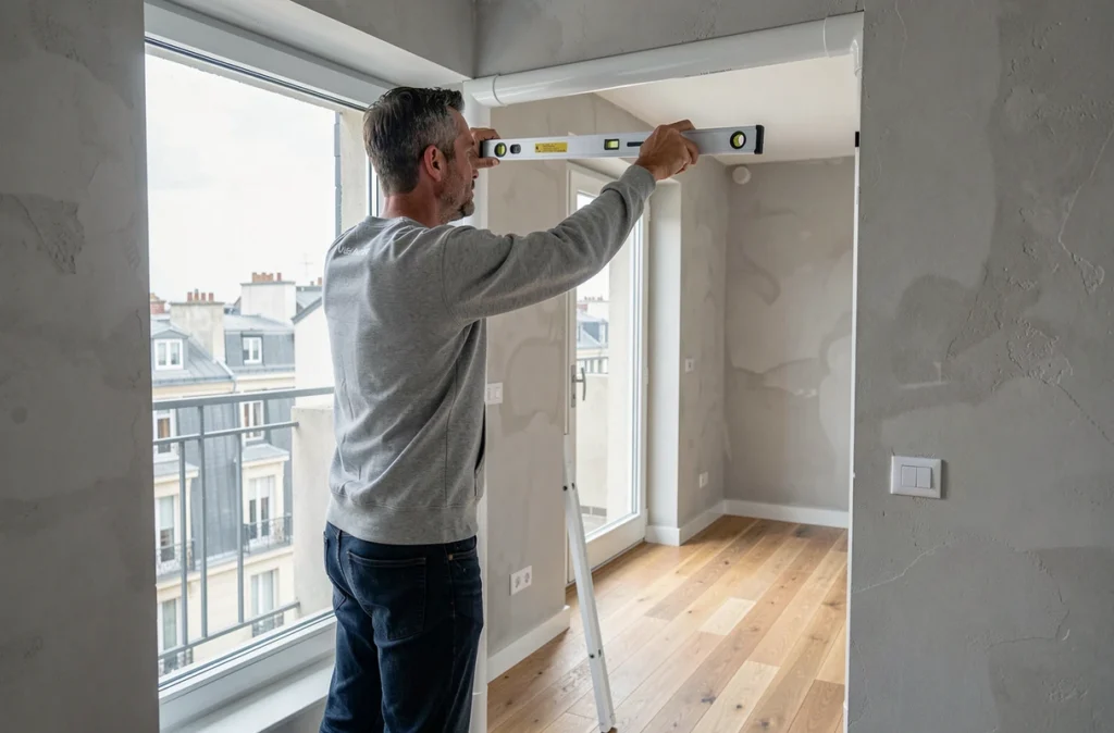 Artisan d'AL Menuiserie posant une fenêtre PVC blanche dans un appartement rénové à Lyon