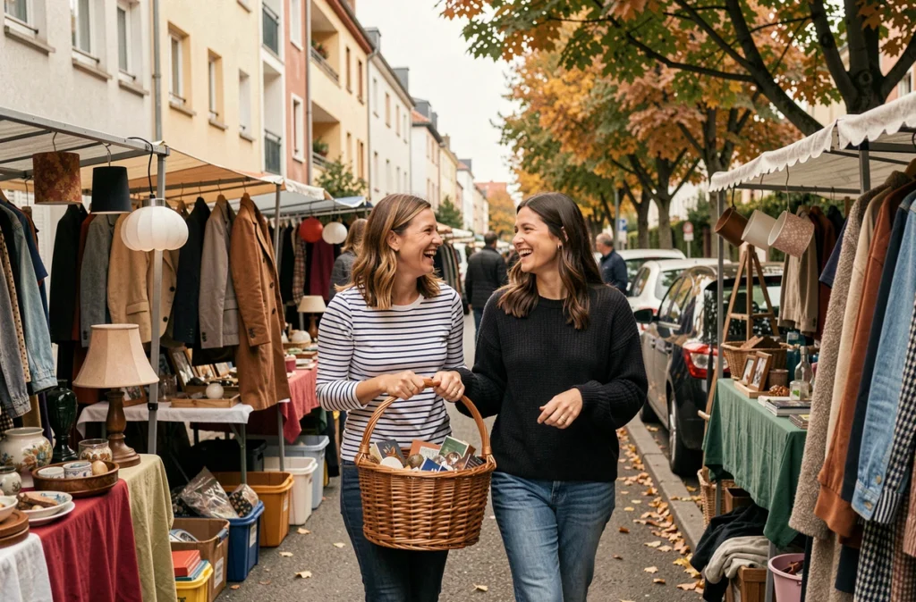 Deux amies se promenant entre les stands d'un vide-grenier de rue dans le 92 avec un panier rempli de trouvailles