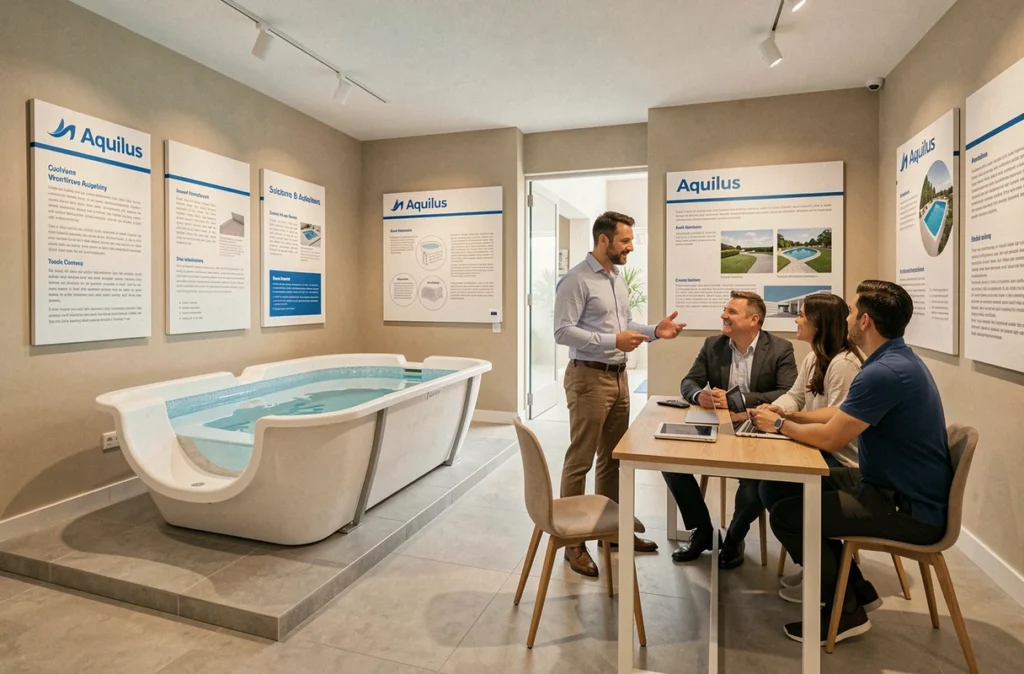 Showroom Aquilus Piscines en Bretagne Sud avec modèle de piscine exposé et consultant expliquant les options à un couple de clients