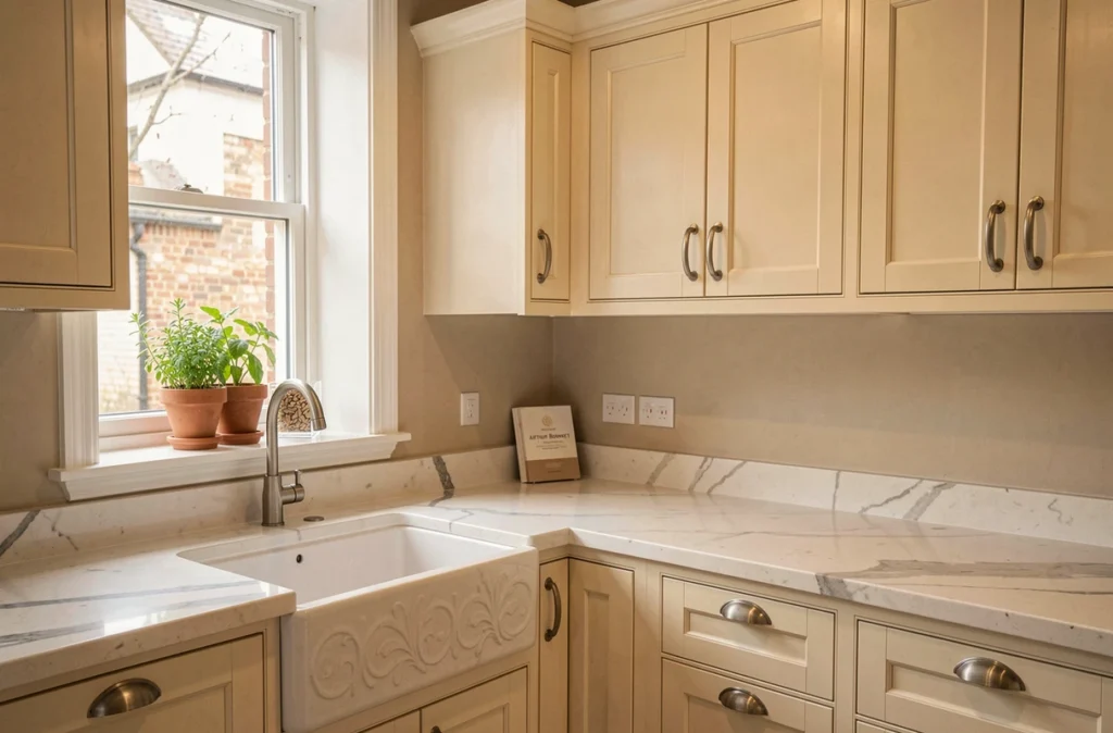 Cuisine classique Arthur Bonnet avec façades crème style shaker et évier en céramique dans un showroom en Vendée
