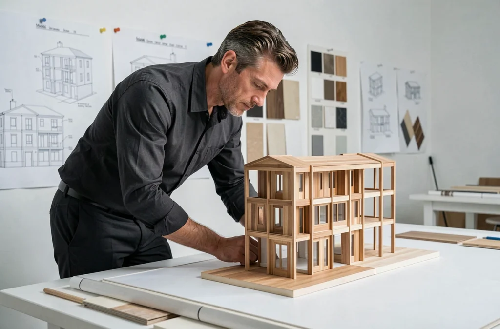 Designer d'Asymptote examinant une maquette architecturale en bois dans un studio de design minimaliste
