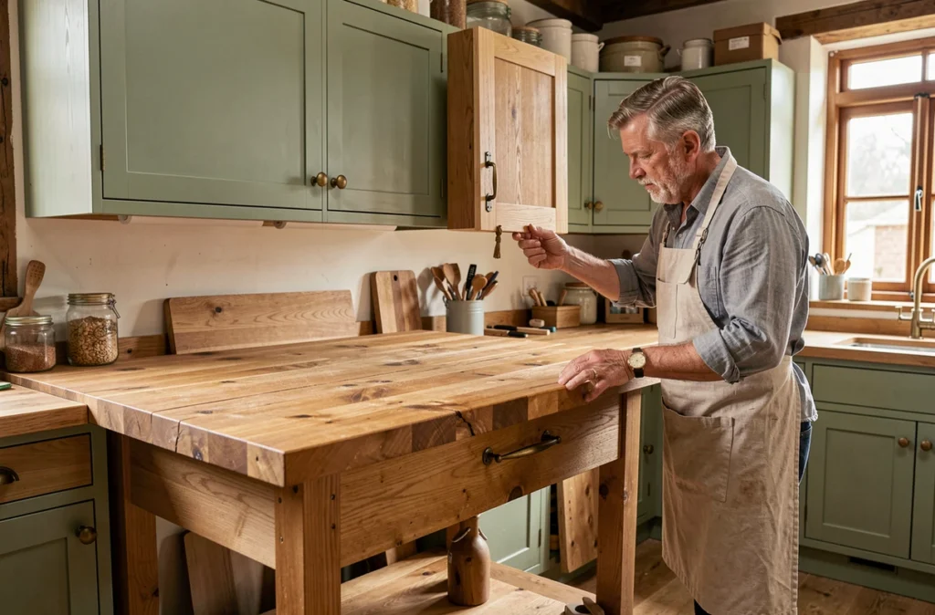 Cuisine artisanale sur mesure des Ateliers Stéphane Lamour en Vendée avec façades chêne massif et quincaillerie laiton