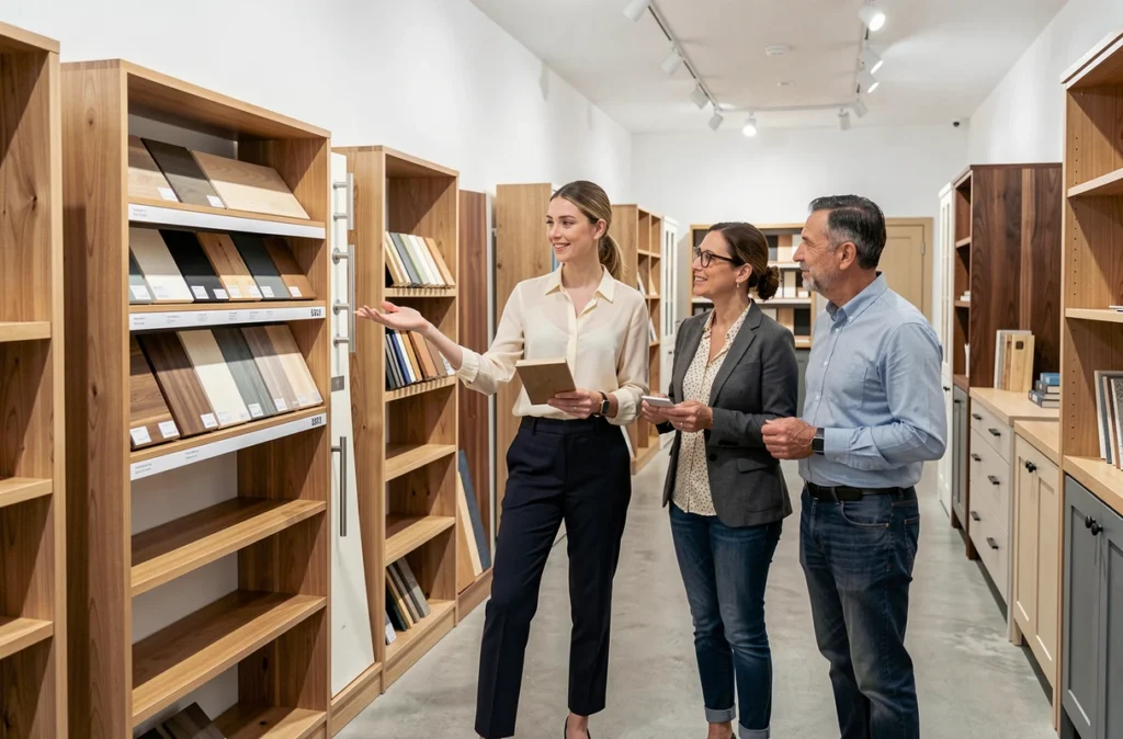 Conseillère d'Avomesur présentant des échantillons de bois sur mesure à des clients dans un showroom moderne