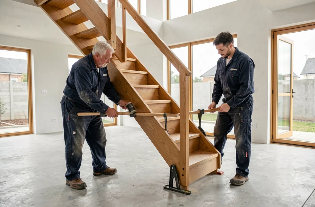 Deux artisans de Brun Frères installant un escalier en chêne massif dans une maison moderne