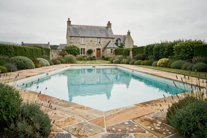 Piscine extérieure aménagée dans un jardin breton avec dallage en pierre naturelle et maison en granit en arrière-plan, illustrant le marché des constructeurs de piscines dans le Morbihan