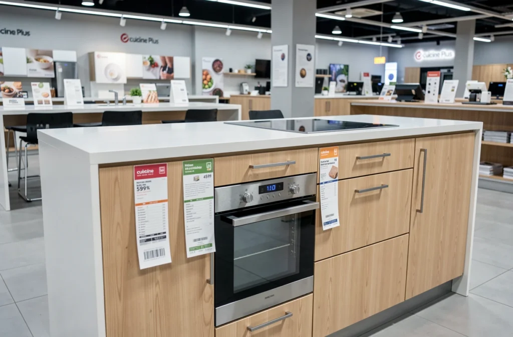 Showroom Cuisine Plus en Vendée avec cuisine en bois de bouleau et appareils encastrés inox dans un espace commercial