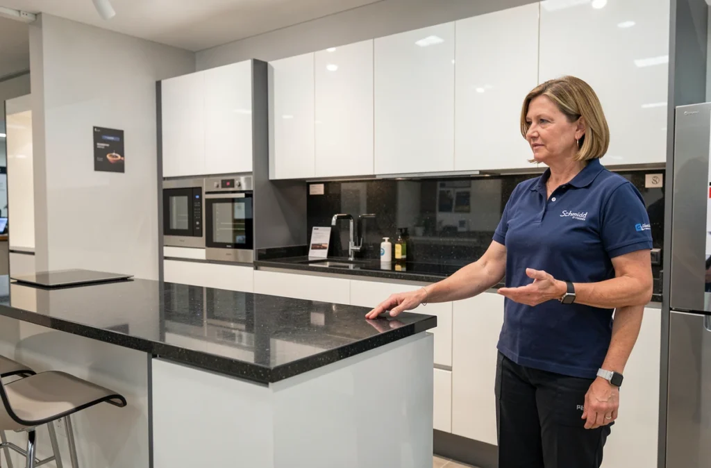 Cuisine Schmidt avec cabinetry blanc brillant sans poignées et plan de travail en quartz sombre présentée par une conseillère en showroom