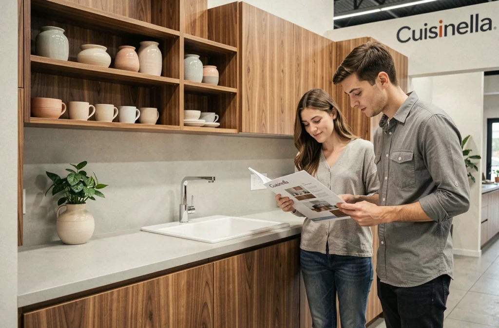 Showroom Cuisinella en Vendée avec cuisine en bois de noyer et couple de clients consultant un catalogue