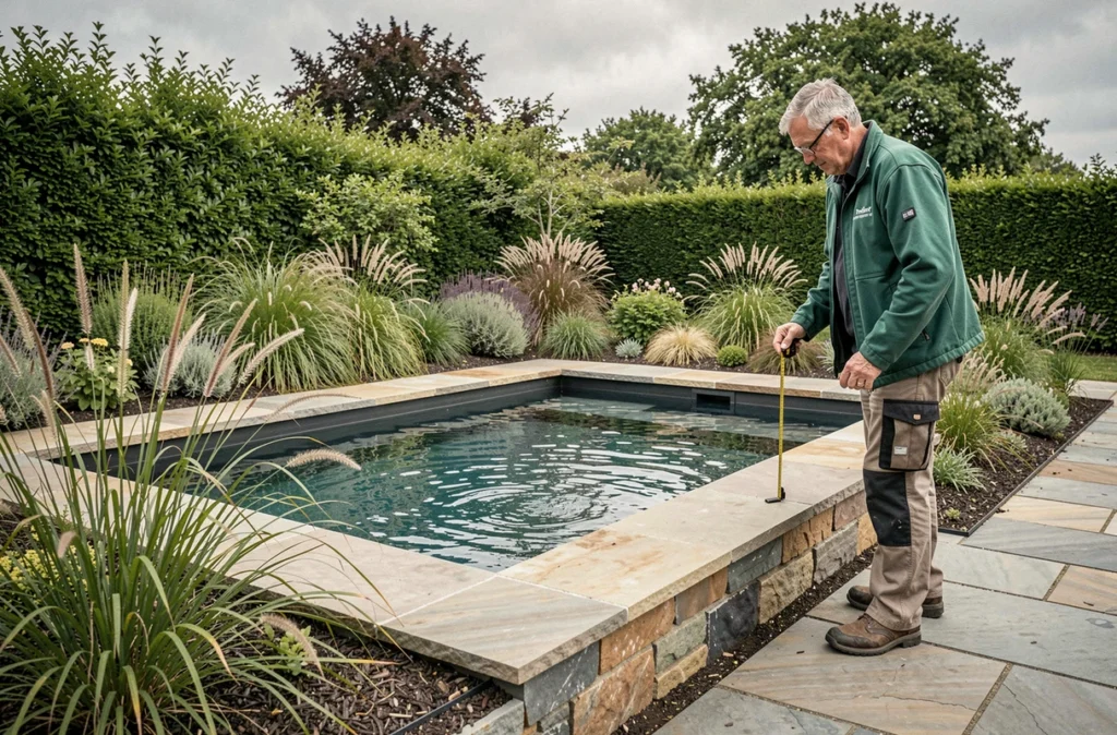 Jardin paysagé avec piscine rectangulaire intégrée et végétation bretonne, illustrant le travail du pisciniste et paysagiste David Paysage sur plusieurs sites