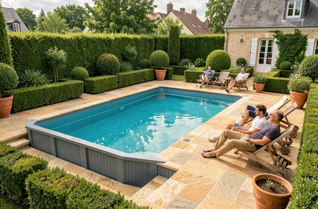 Jardin résidentiel français classique avec piscine modulaire Desjoyaux et famille d'adultes se relaxant au bord de l'eau, représentant la franchise historique présente dans le Morbihan
