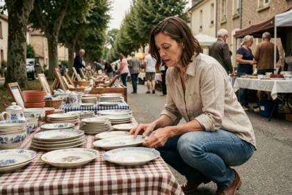 Femme inspectant de la vaisselle vintage sur une table de vide-grenier en banlieue parisienne dans le 92