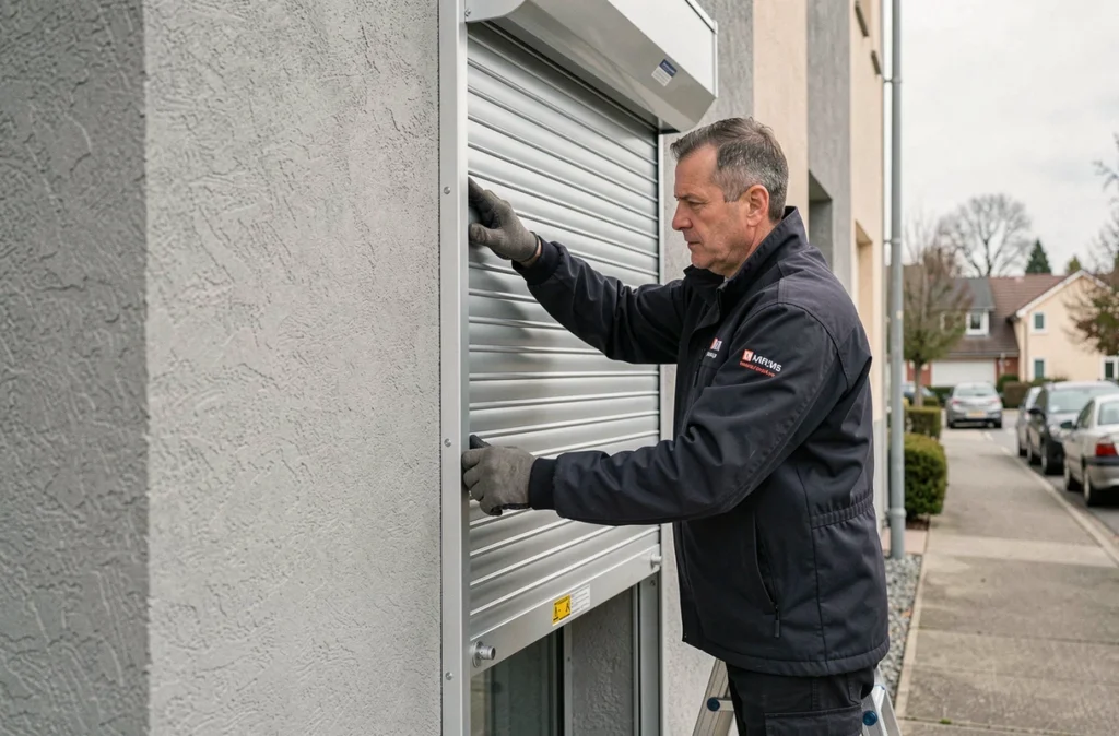 Spécialiste de Fermetures Jamet installant un volet roulant aluminium sur une façade commerciale