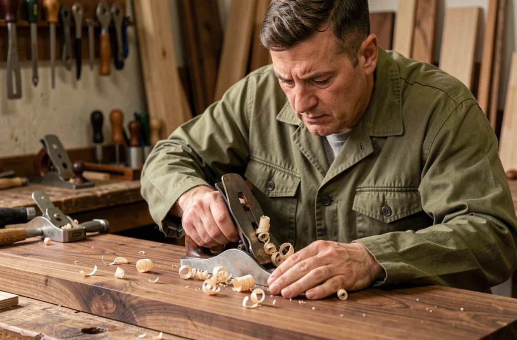 Artisan indépendant Gallo Sylvain rabotant une planche en noyer dans son atelier de menuiserie