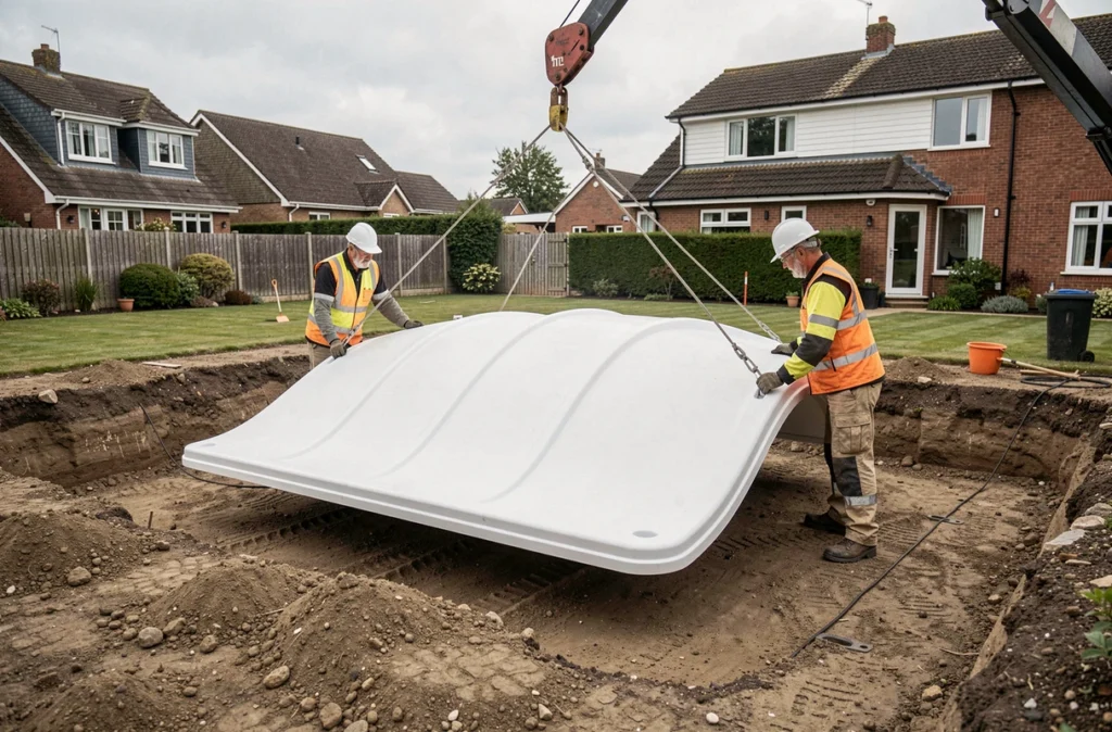 Coque polyester de piscine suspendue par une grue lors d'une pose rapide dans un jardin résidentiel, illustrant la méthode de Génération Piscine spécialiste coque polyester
