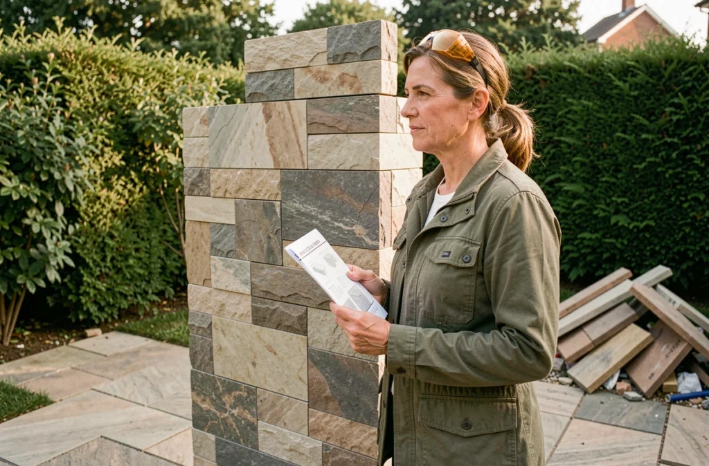 Femme inspectant la pose de bardage Terrasto sur un mur de jardin extérieur lors d'une rénovation en cours