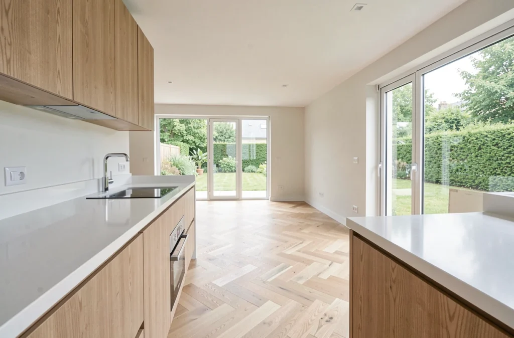 Intérieur moderne clé en main avec cuisine ouverte en chêne et vue jardin dans une maison neuve en Ille-et-Vilaine